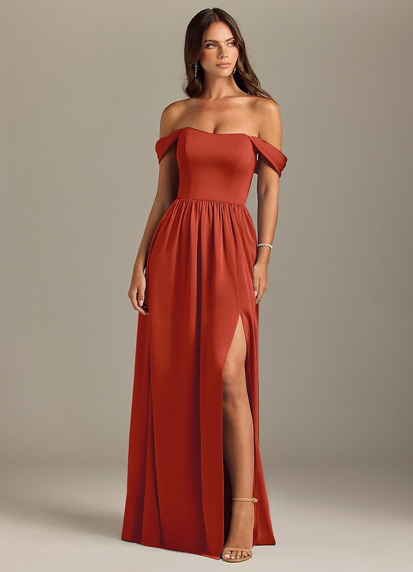Azazie Calianna Bridesmaid Dresses Rust A-Line Off the Shoulder Stretch Satin Convertible Dress image1