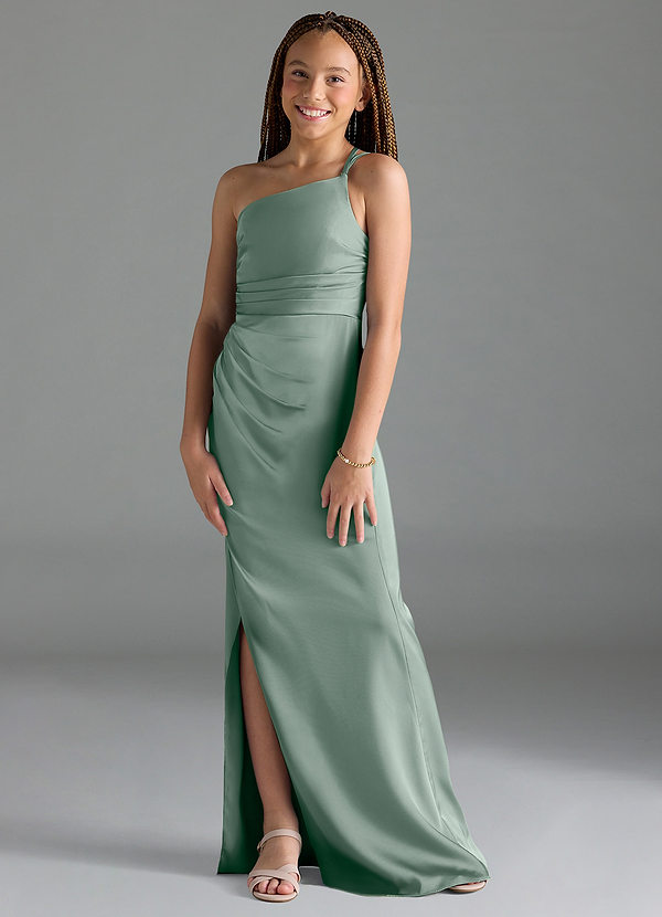 Azazie Eren Junior Silver Sage Sheath Pleated Stretch Satin Dress image1