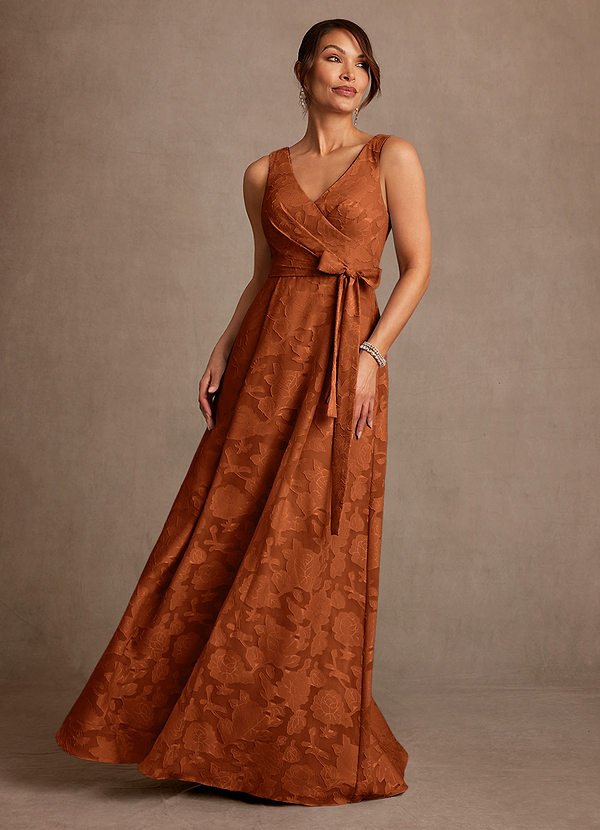 Azazie Luanne Vestidos de Madre de la Novia Vestido de Naranja Quemada de Devorado Floral de Corte en A con Plisado image1