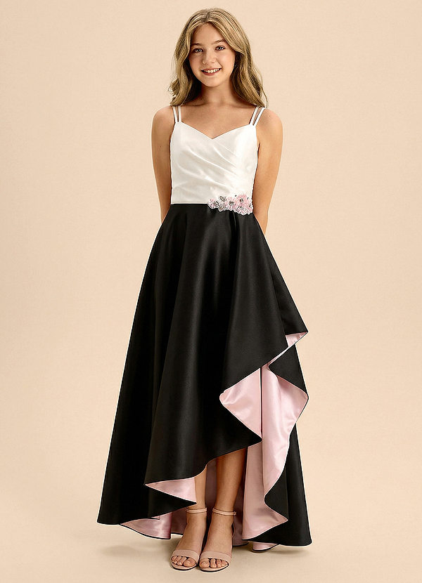 Azazie Keira Junior Formal Vestido de Negro de Satin Mate de Corte en A con Volante image1