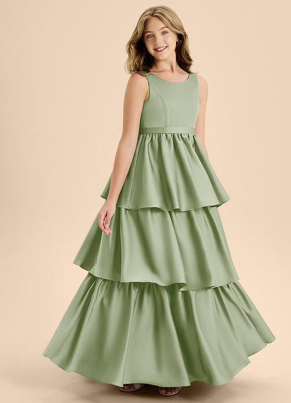 Azazie Meadowyn Junior Dusty Sage A-Line Bow Stretch Satin Dress image1