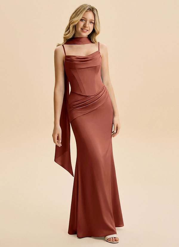 Azazie Sorrel Junior Auburn Mermaid Ruched Stretch Satin Dress image1