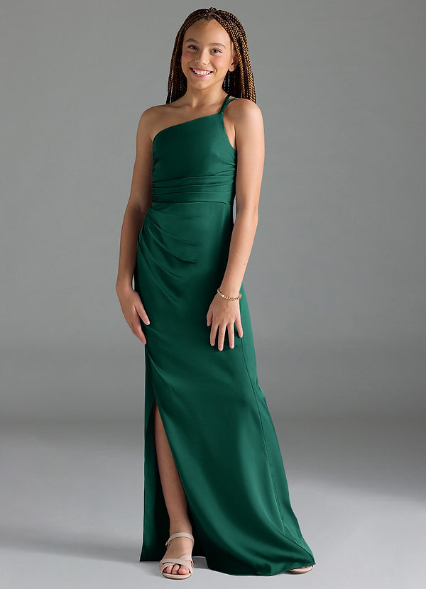 Azazie Eren Junior Emerald Sheath Pleated Stretch Satin Dress image1