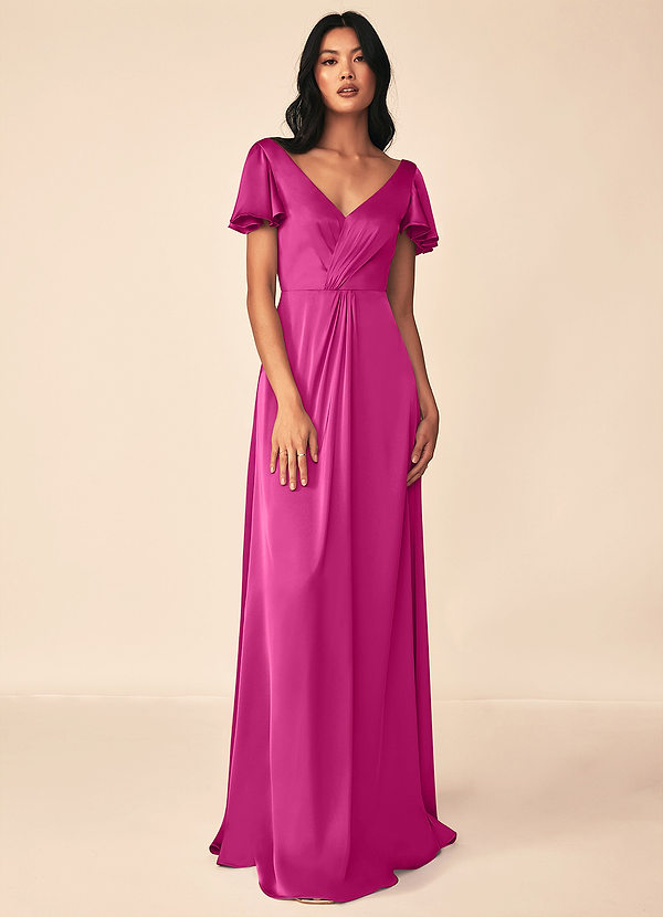 Azazie Soren Bridesmaid Dresses Fuchsia A-Line Pleated Stretch Satin Dress image1