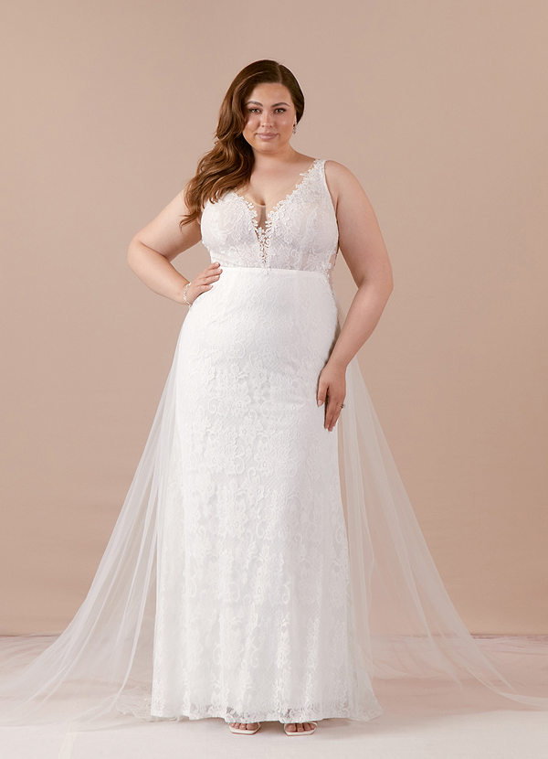 Azazie Gracen Wedding Dresses Diamond White Mermaid V-Neck Lace Tulle Dress image1