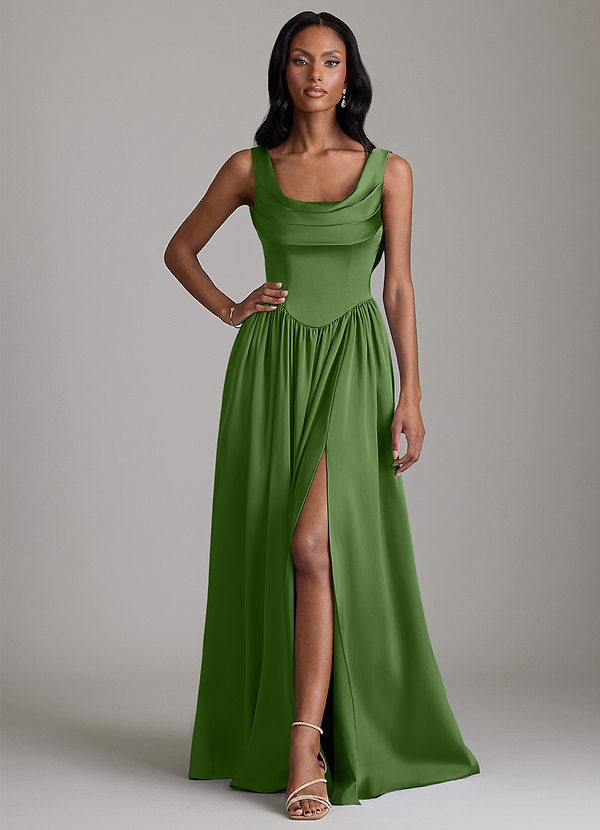 Azazie Novi Bridesmaid Dresses Basil A-Line with Pockets Stretch Satin Dress image1