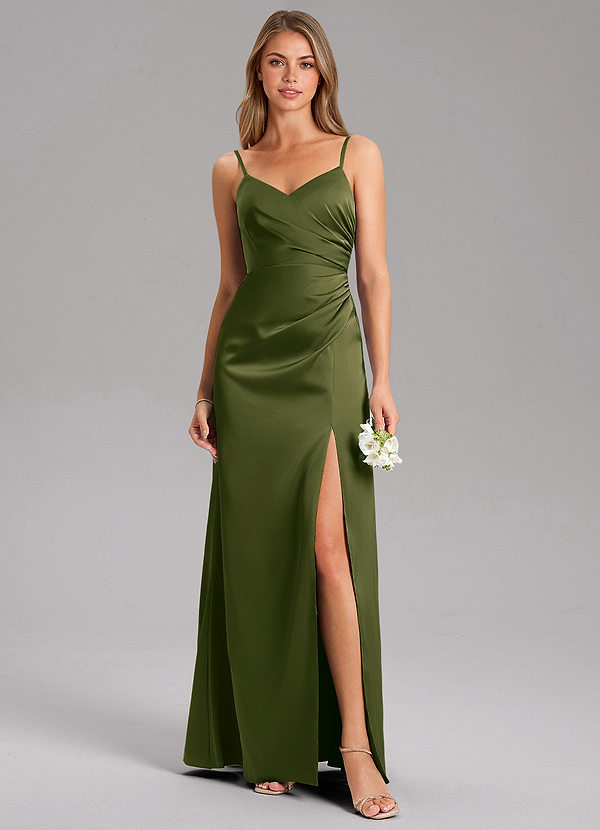 Azazie Azuree Robes de demoiselle d'honneur Robe Trapèze en Satin extensible Plissé Olive Vif image1