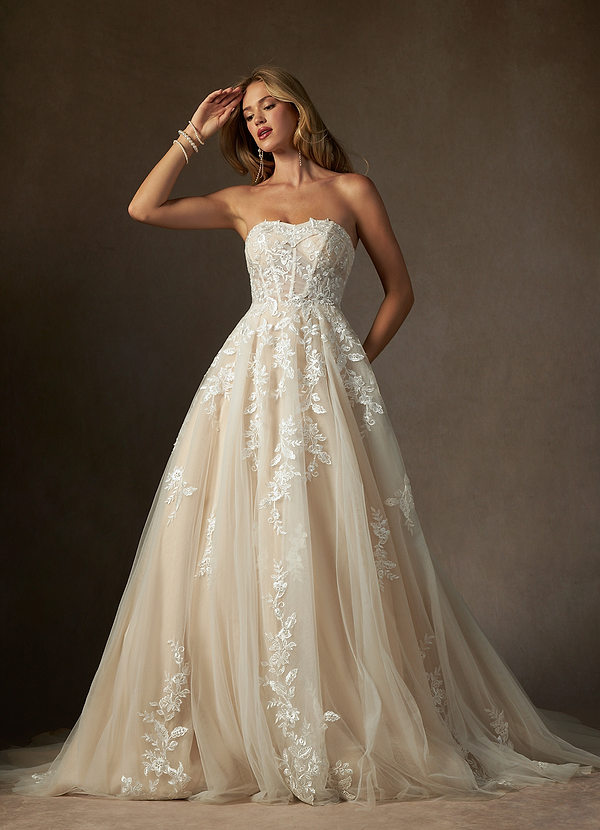 Azazie Keri Wedding Dresses Diamond White Nude Ball-Gown Strapless Lace Dress image1