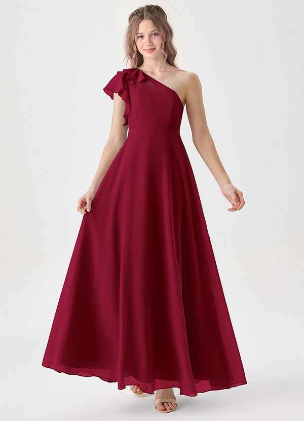 Azazie Arabella Junior Abito A-Line in Chiffon Increspato Borgogna image1
