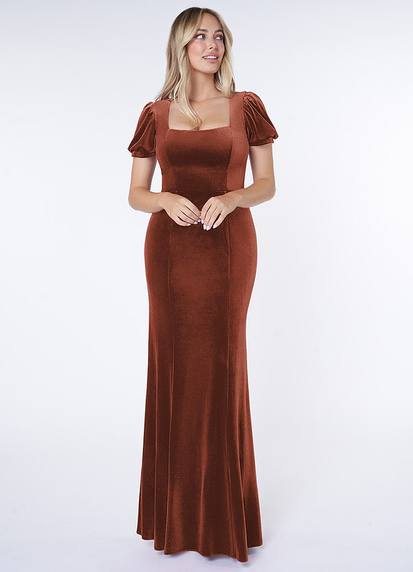 Azazie Lizabet Robes Demoiselle d'honneur Robe Fourreau en velours Col Carré Terracotta image1