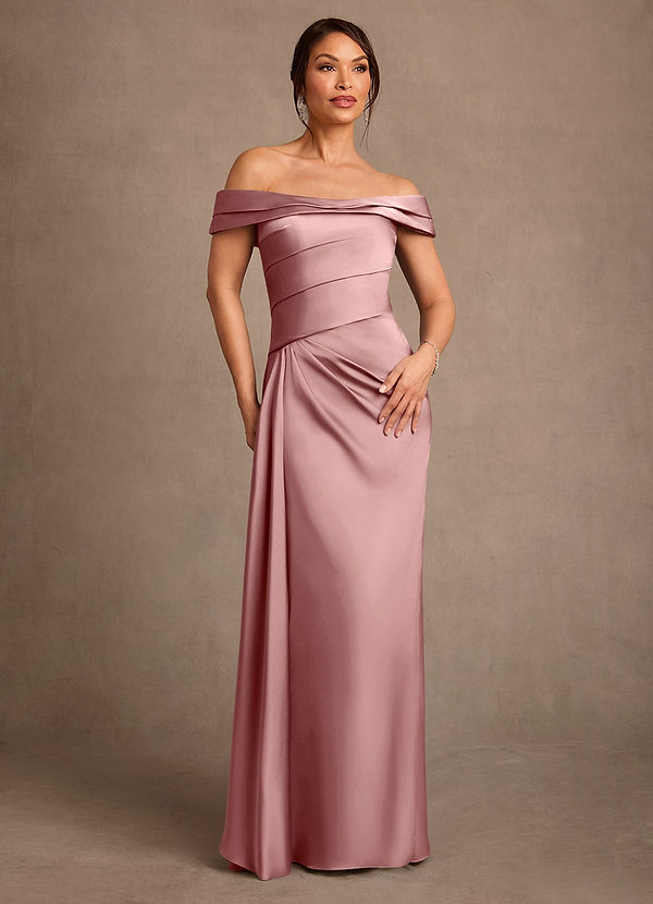 Azazie Beah Robe Mère de la Mariée & du Marié Robe Fourreau en Satin extensible Épaule décolletée Rose Poussiéreuse image1