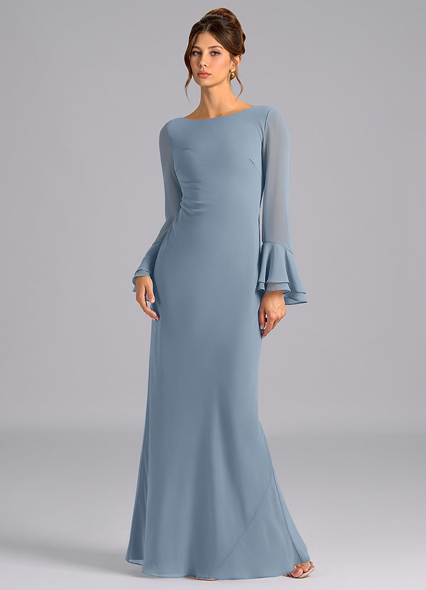 Azazie Leone Bridesmaid Dresses Vestido Azul Empoeirado de Chiffon de sereia com Espartilho image1