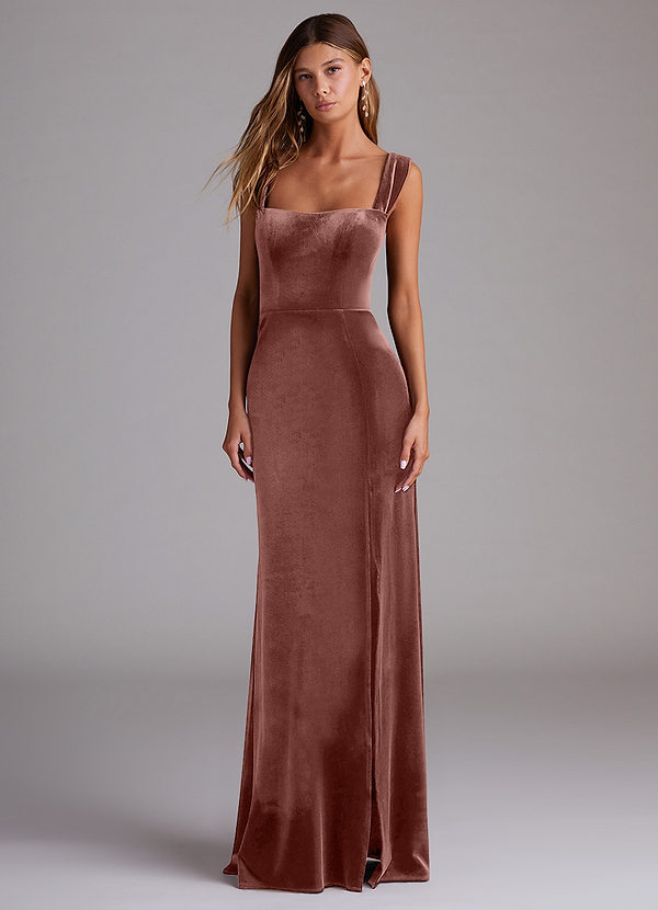 Azazie Junia Bridesmaid Dresses Rustic Rose Sheath Off the Shoulder Velvet Convertible Dress image1