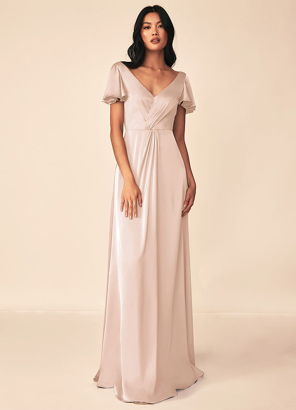 Azazie Soren Bridesmaid Dresses Blushing Pink Flowy Pleated Stretch Satin Dress image1