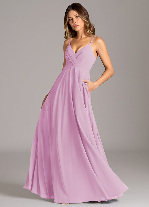 Azazie Amani Vestidos Dama de Honor Vestido de Rosa Caramelo de Gasa de Corte en A con Plisado image1