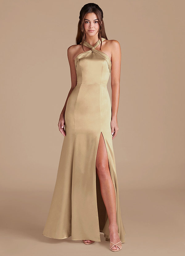 Azazie Rue Bridesmaid Dresses Champagne Sheath Pleated Metallic Satin Dress image1