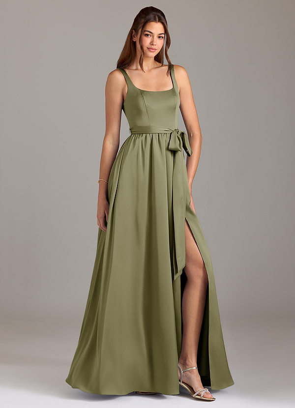 Azazie Elliott Bridesmaid Dresses Pistachio A-Line with Pockets Stretch Satin Dress image1