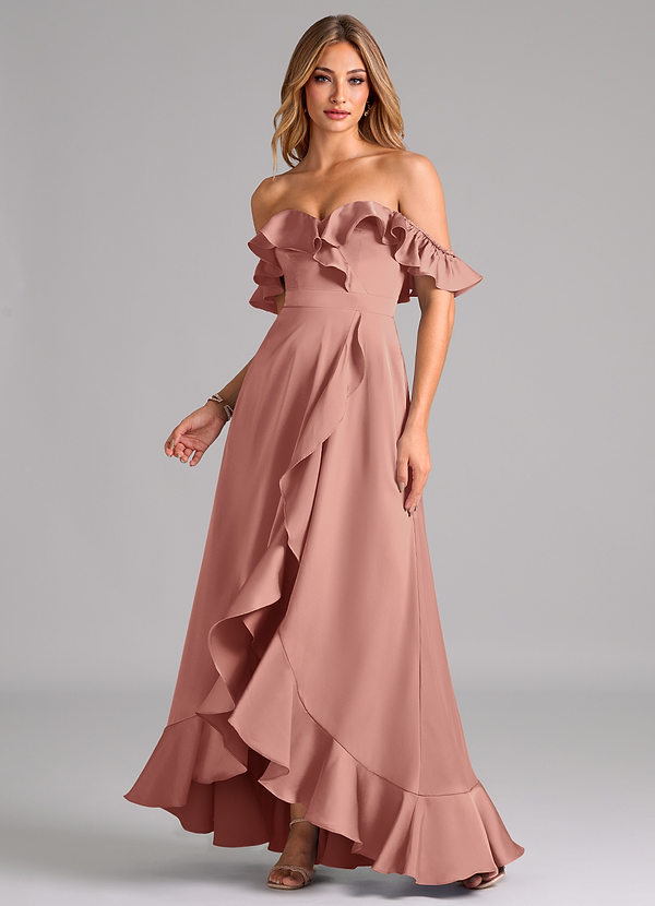 Azazie Lyra Bridesmaid Dresses Rosette A-Line Off the Shoulder Stretch Satin Convertible Dress image1