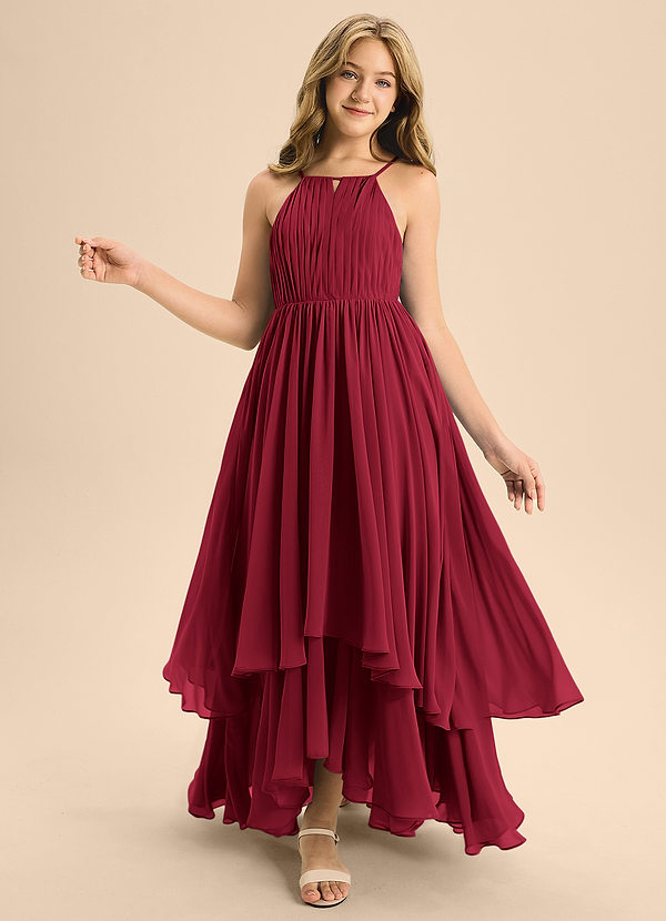 Azazie Elliora Junior Burgundy A-Line Pleated Chiffon Dress image1