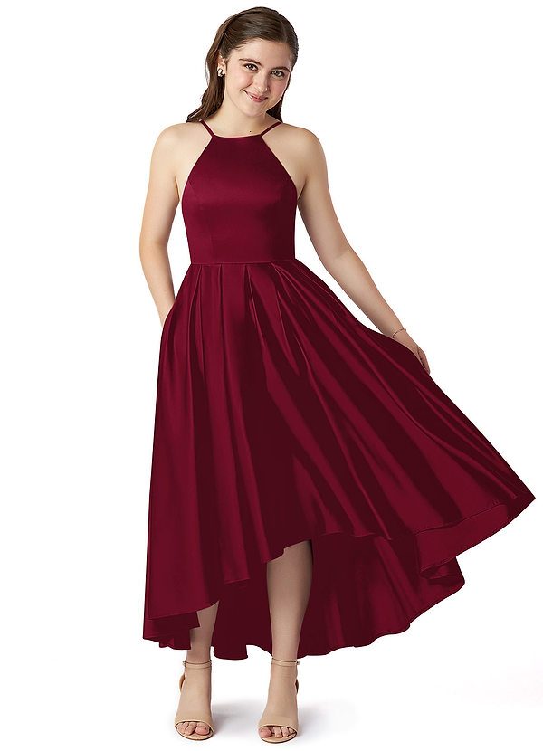 Azazie Jemima Junior Burgundy A-Line with Pockets Stretch Satin Dress image1