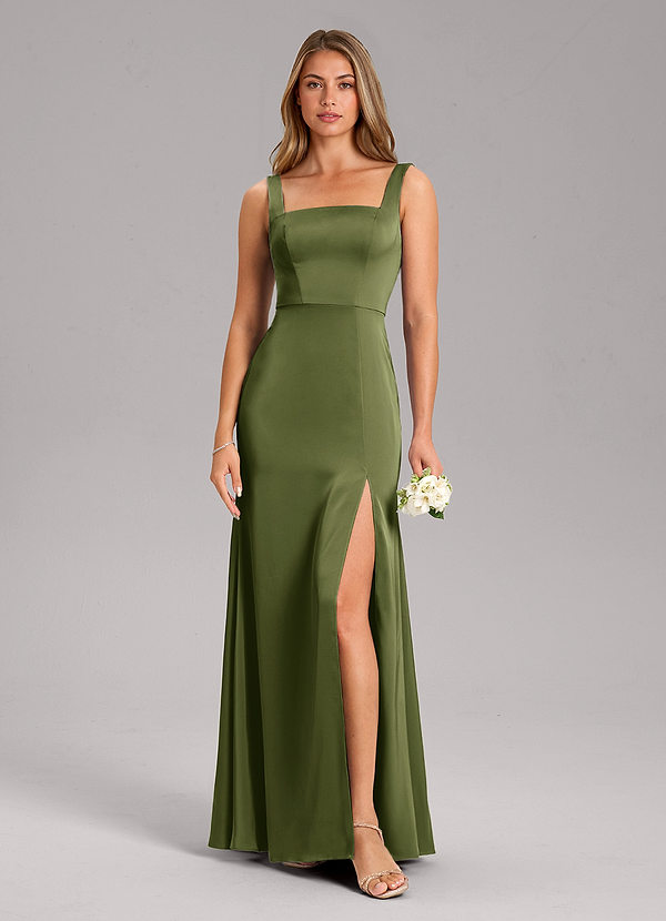 Azazie Frostine Bridesmaid Dresses Olive A-Line Bow Stretch Satin Dress image1