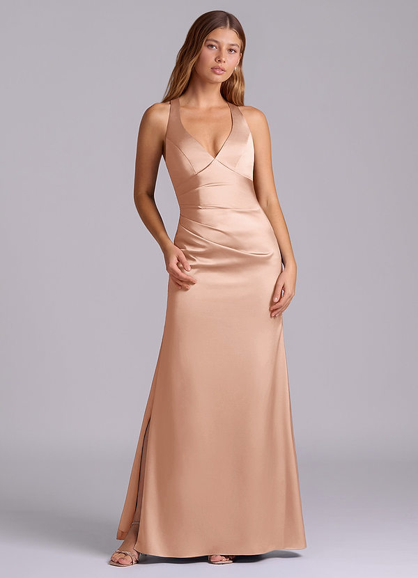 Azazie Amelie Bridesmaid Dresses Rose Gold A-Line Pleated Stretch Satin Dress image1
