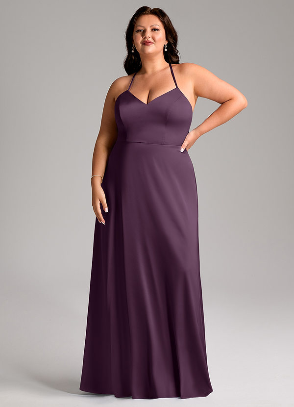 Azazie Mei Abiti da Damigella Abito A-Line in Raso Elasticizzato con Scollo a V Prugna image1