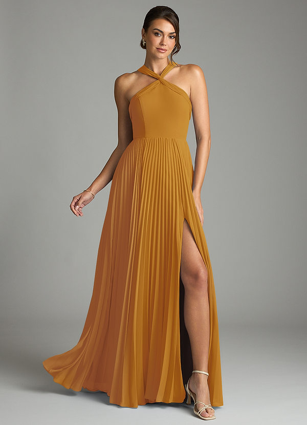 Azazie Afra Abiti da Damigella Abito A-Line in Chiffon Plissettato Caramello image1