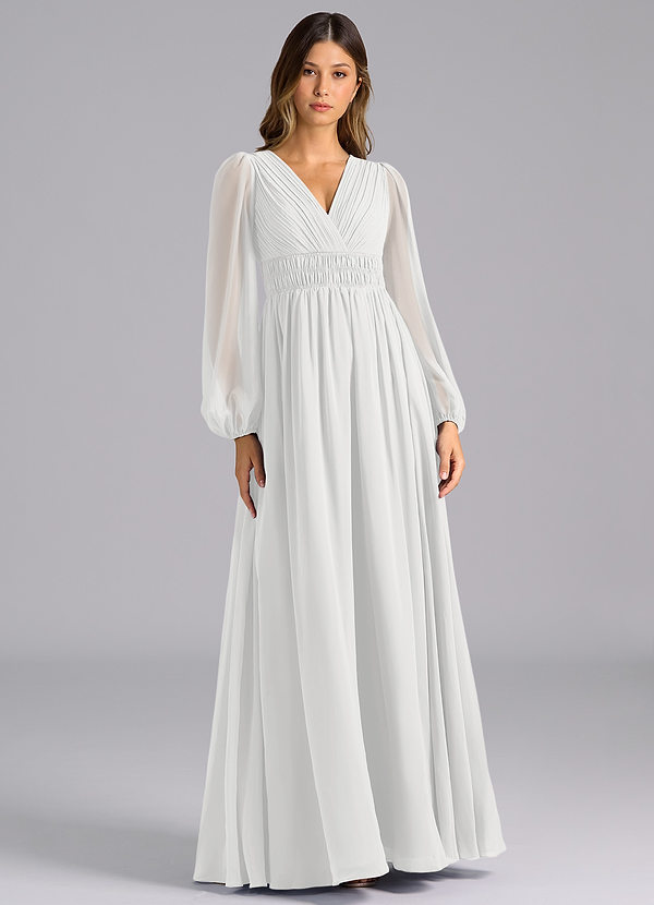 Azazie Palerma Brautjungfernkleider A-Linie Langarm Chiffon Kleid Weiß image1