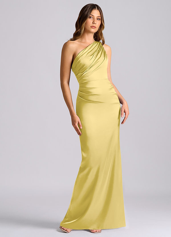 Azazie Akilah Bruidsmeisjesjurken Jurk van Stretch Satijn met Zeemeermin One-shoulder Kanarie image1