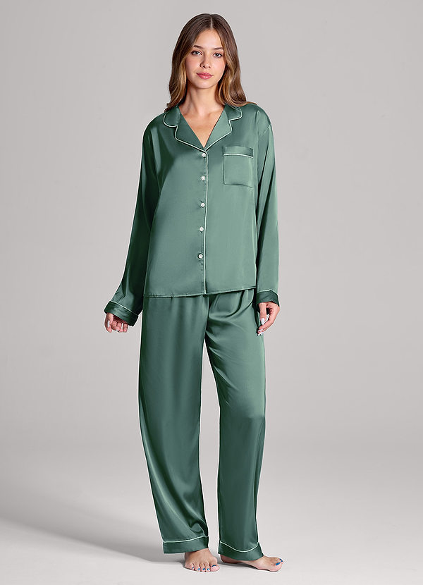 front Matching Color Long Sleeves and Pants Satin PJ Set