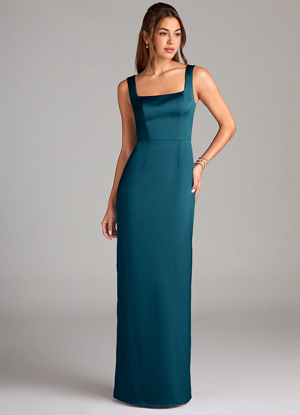 Azazie Flori Bridesmaid Dresses Ink Blue Sheath Side Slit Stretch Satin Dress image1