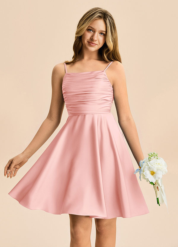 Azazie Miko Junior Powder Pink A-Line Pleated Stretch Satin Dress image1
