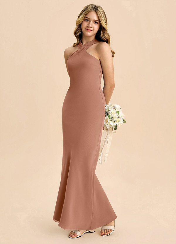 Azazie Doretta Junior Robe Fourreau en Mousseline de soie Plissée Bronze image1