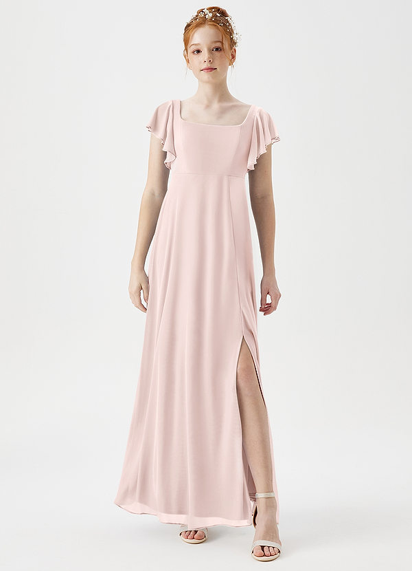 Azazie Bondi Junior Blushing Pink A-Line Side Slit Mesh Dress image1