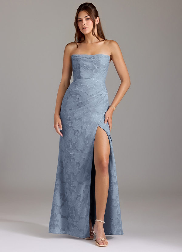 Azazie Leonis Vestidos Dama de Honor Vestido de Azul Polvoriento de Devorado Floral de Corte Recto Convertible con Sin tirantes image1