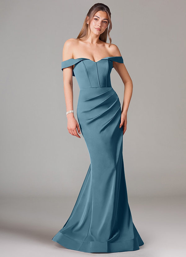 Azazie Everly Bruidsmeisjes Jurken Converteerbaar Jurk van Stretch Satijn met Zeemeermin Off the Shoulder Bermuda image1
