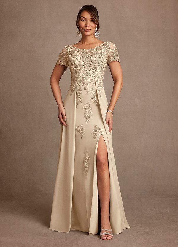 Azazie Alva Champagne A-Line Lace Dress | Azazie