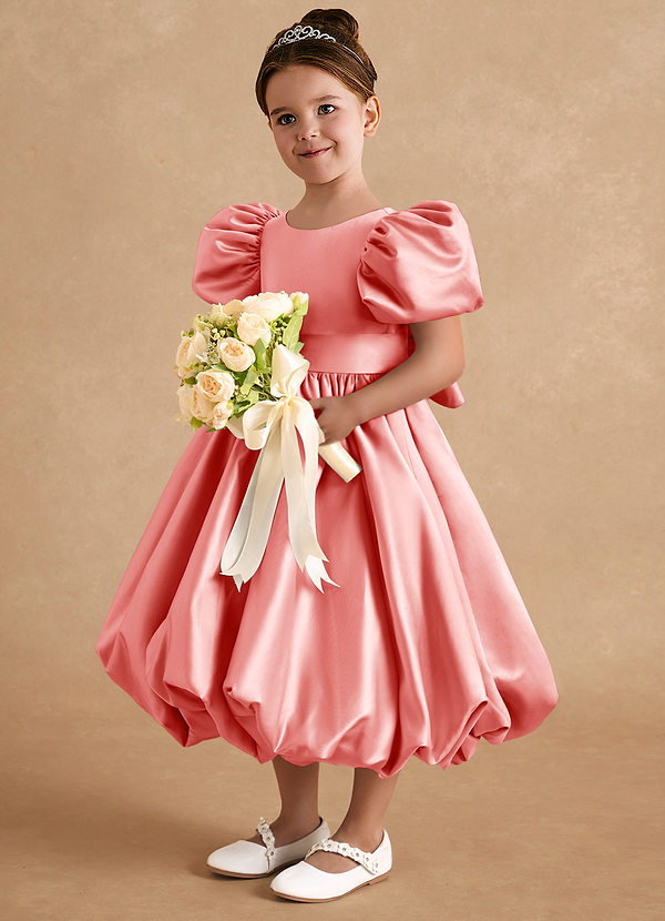 Azazie Jellybean Flower Girl Dresses Coral Ball-Gown Ruched Matte Satin Dress image1