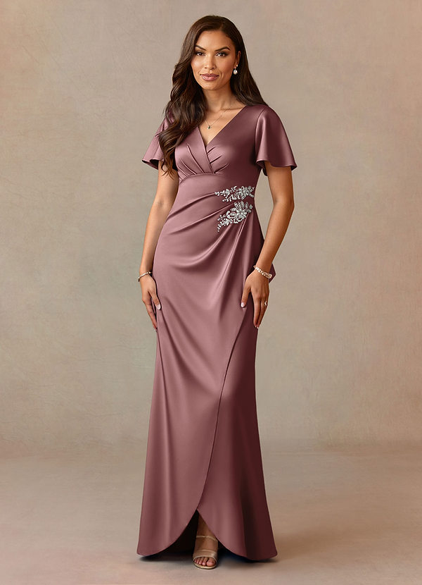 Azazie Robins Mother of the Brides Dresses Vintage Mauve A-Line Pleated Stretch Satin Dress image1