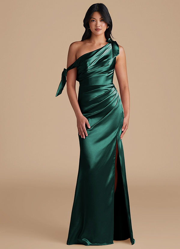 Azazie Xyla Bridesmaid Dresses Pine Sheath Off the Shoulder Metallic Satin Convertible Dress image1
