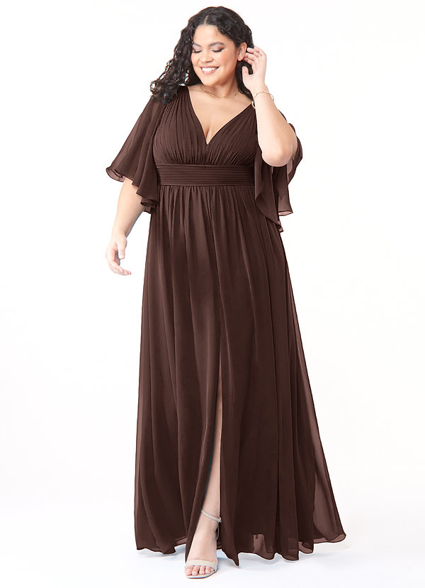 Azazie Temeka Robes de demoiselle d'honneur Robe Trapèze en Mousseline de soie Drapé Ganache image1