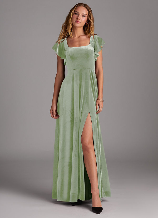 Azazie Bondi Bridesmaid Dresses Dusty Sage A-Line Side Slit Velvet Dress image1