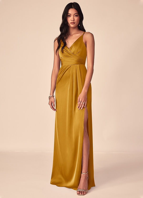 Azazie Aqua Brautjungfernkleider A-Linie V-Hals Gefaltet Stretch-Satin Kleider Butterscotch image1