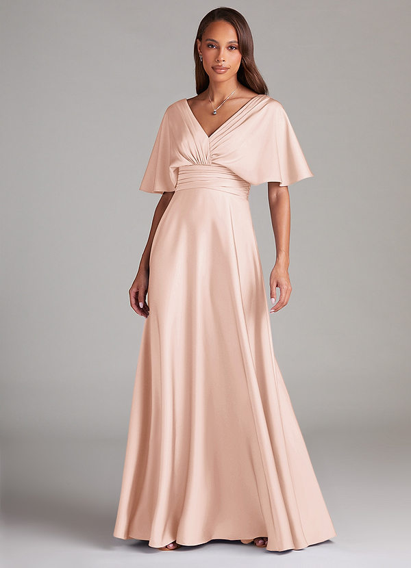 Azazie Pamela Robes Demoiselle d'honneur Robe Trapèze en Satin extensible Plissée Rose Pâle image1
