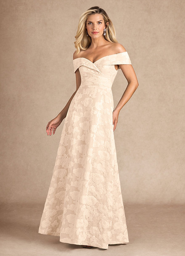 Azazie New London Abiti da Mamma Sposa Abito A-Line in Burnout Floreale Plissettato Jacquard Crema image1