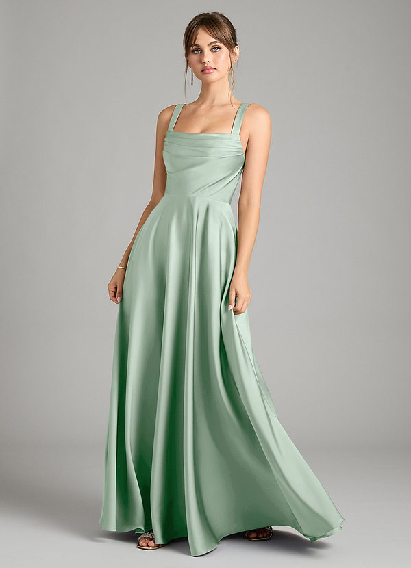 Azazie Shaude Bridesmaid Dresses Agave A-Line Pleated Stretch Satin Dress image1