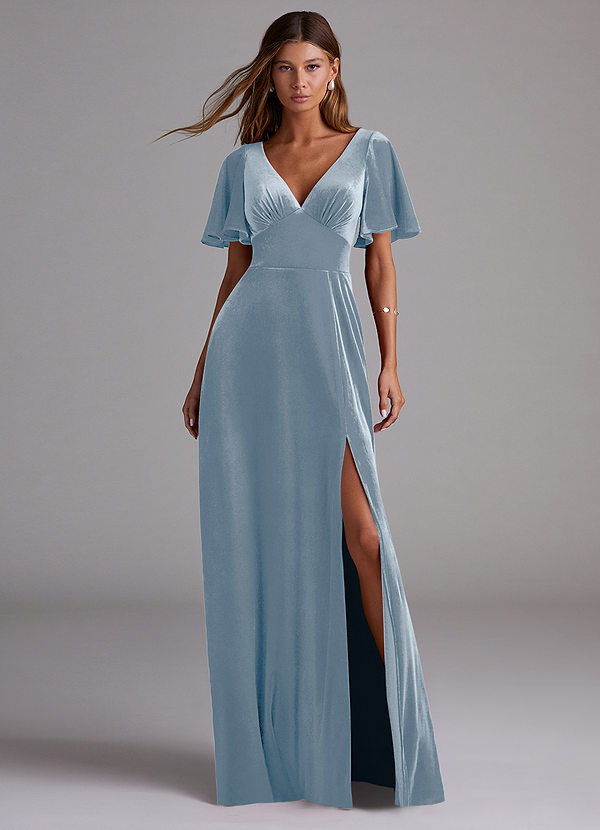 Azazie Kimber Bridesmaid Dresses Dusty Blue A-Line with Pockets Velvet Dress image1