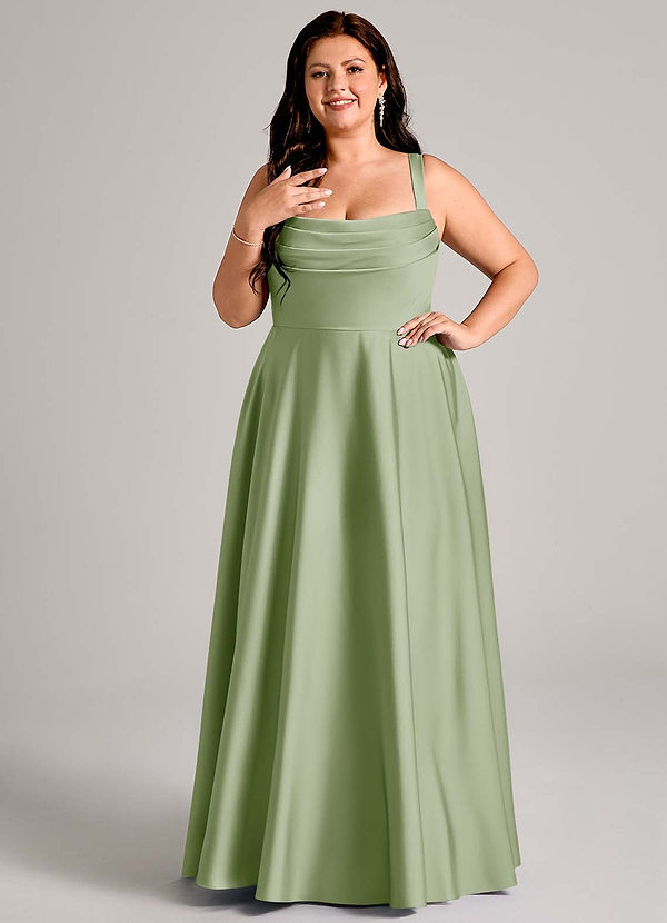 Azazie Shaude Vestidos Dama de Honor Vestido de Salvia Polvorienta de Satén Elástico de Corte en A con Plisado image1