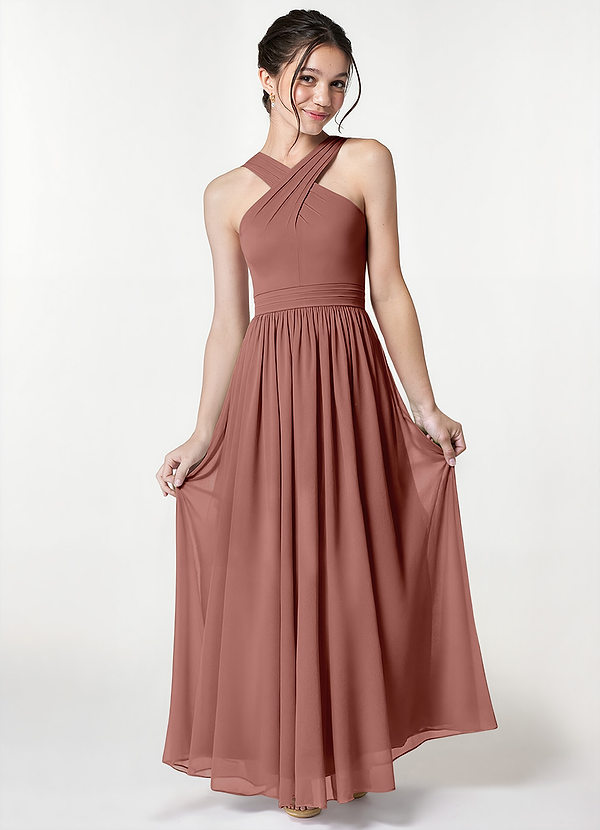Azazie Jiya Junior Cedar Rose A-Line Pleated Mesh Dress image1